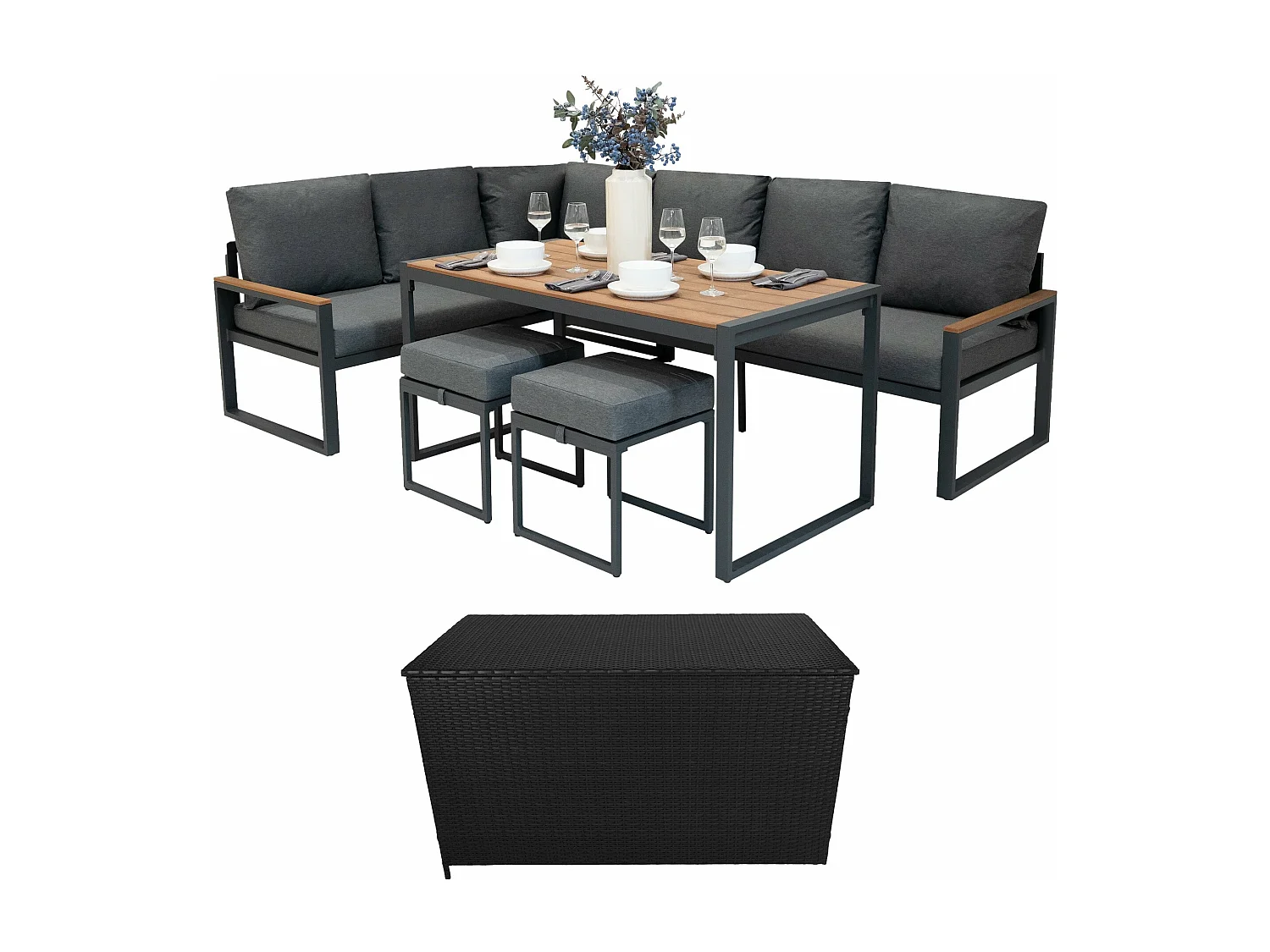 Salon de Jardin en Aluminium Effet Bois & Coffre de Rangement 582 L en Rotin Noir 7 Places Table à Manger [Housse de Pluie INCLUS]