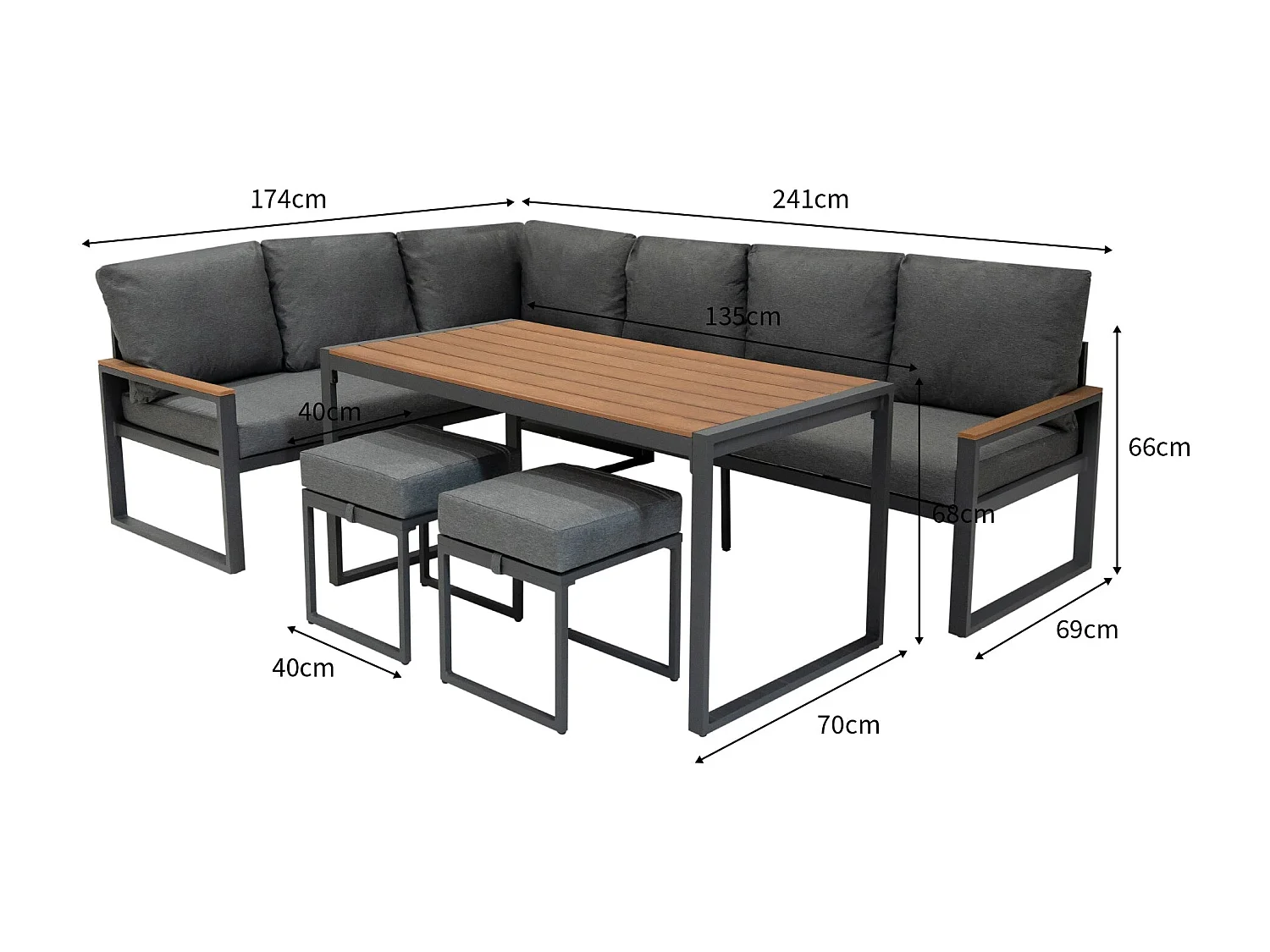 Salon de Jardin en Aluminium Effet Bois & Coffre de Rangement 582 L en Rotin Noir 7 Places Table à Manger [Housse de Pluie INCLUS]