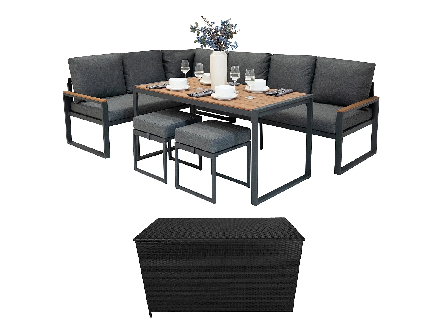 Aluminium Corner Sofa Set With Black Rattan Storage Box - Wood Effect