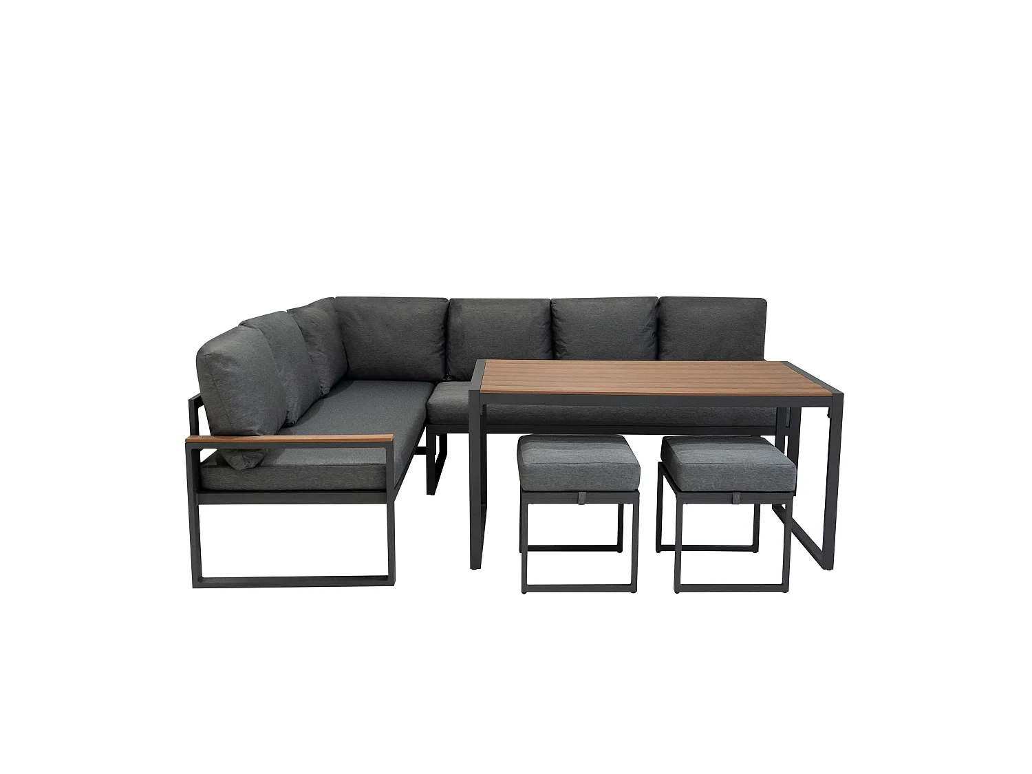 Aluminium Corner Sofa Set With Black Rattan Storage Box - Wood Effect