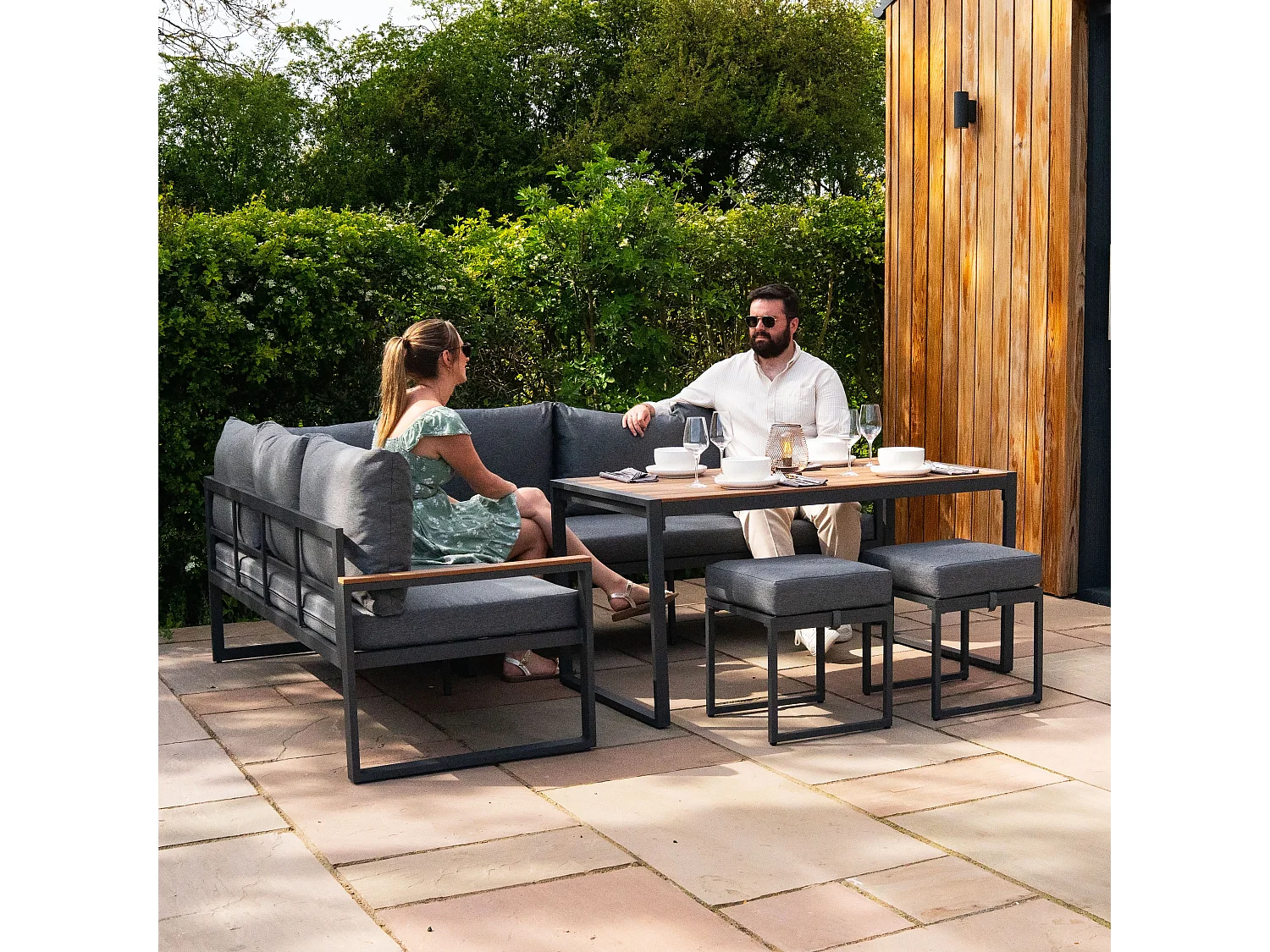 Aluminium Corner Sofa Set With Black Rattan Storage Box - Wood Effect