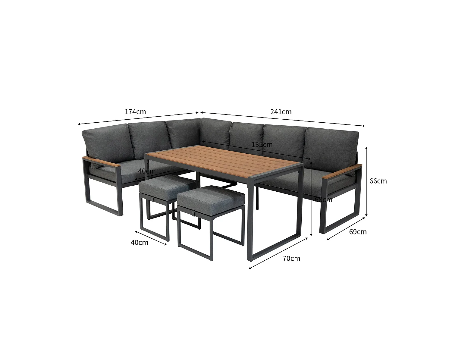 Aluminium Corner Sofa Set With Black Rattan Storage Box - Wood Effect