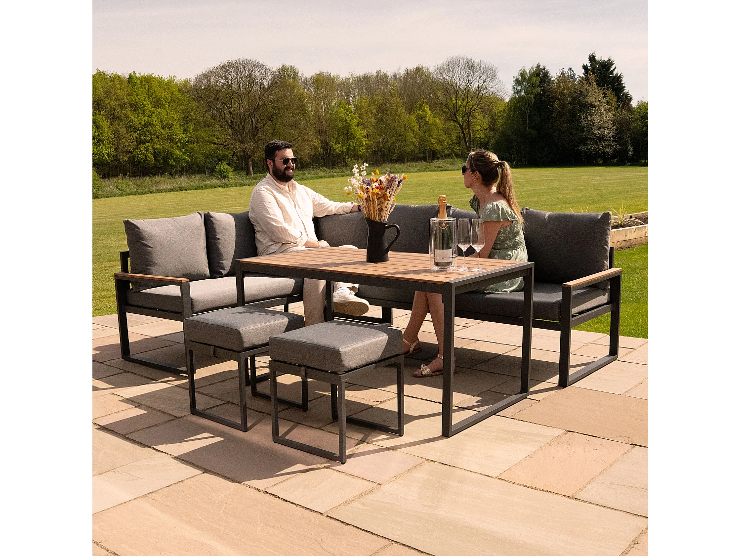 Aluminium Corner Sofa Set With Black Rattan Storage Box - Wood Effect