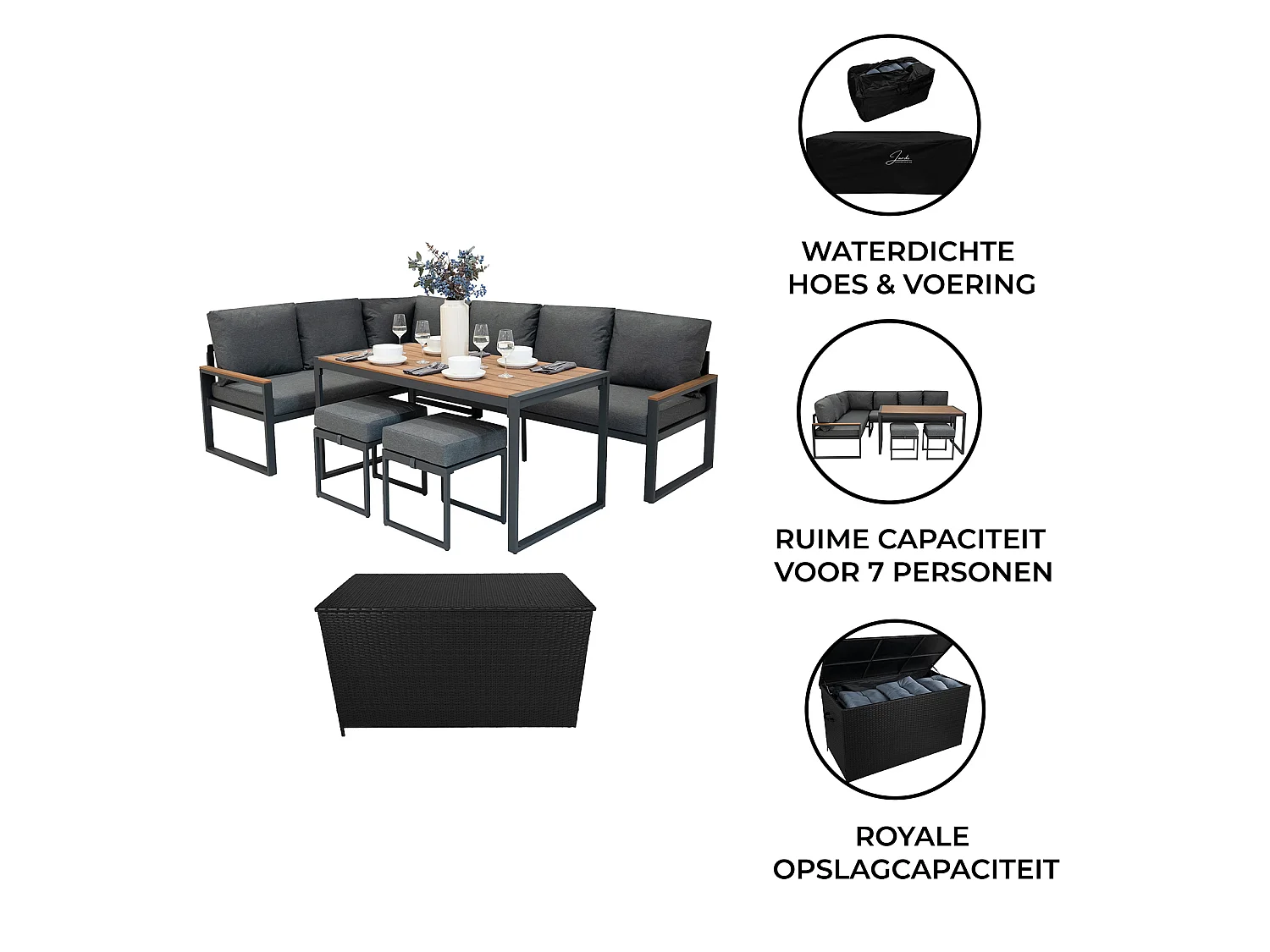 Aluminium Corner Sofa Set With Black Rattan Storage Box - Wood Effect