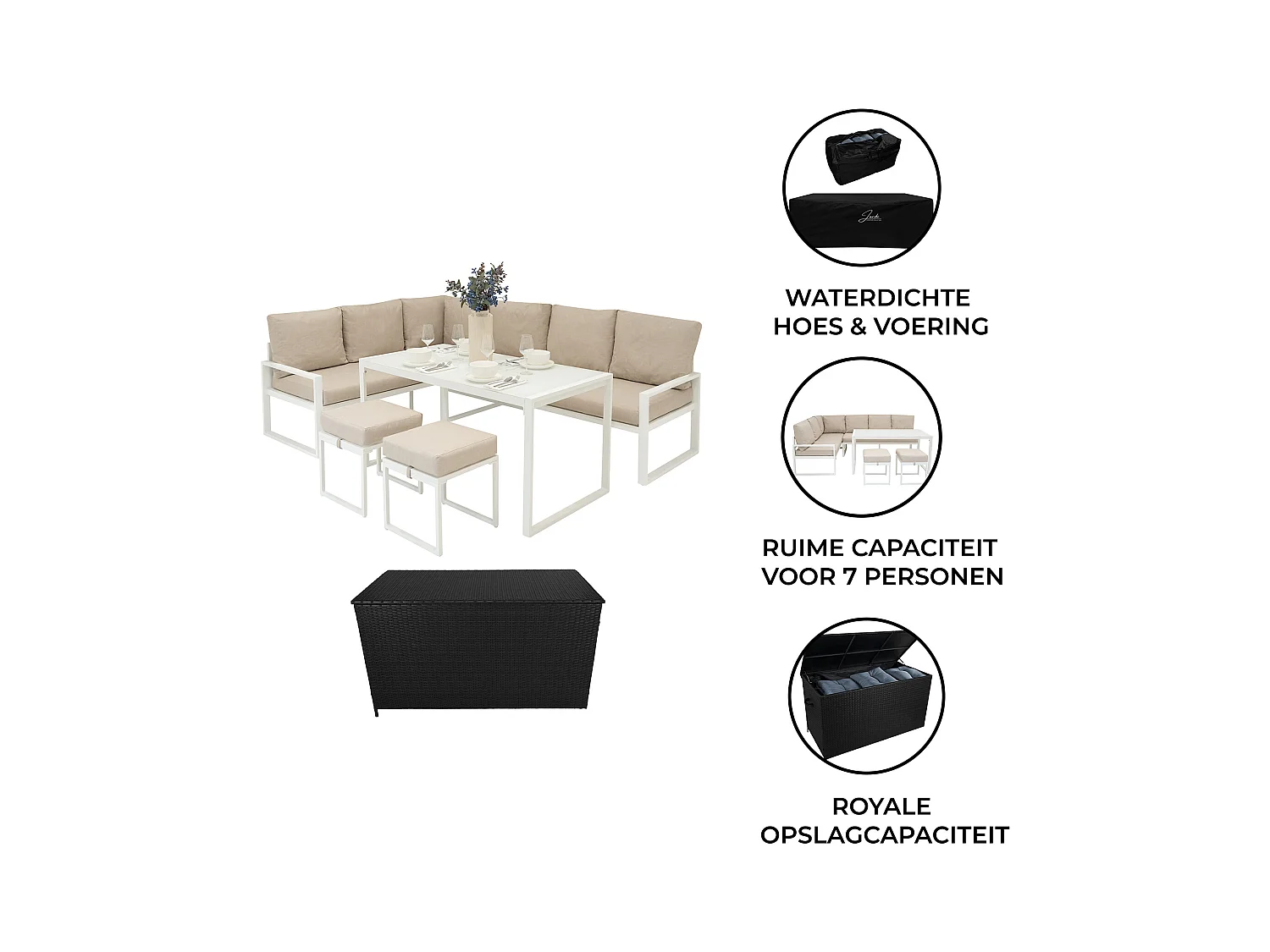 Salon de Jardin en Aluminium Blanc & Coffre de Rangement 582 L en Rotin Noir 7 Places Canapé Table à Manger [Housse de Pluie INCLUS]