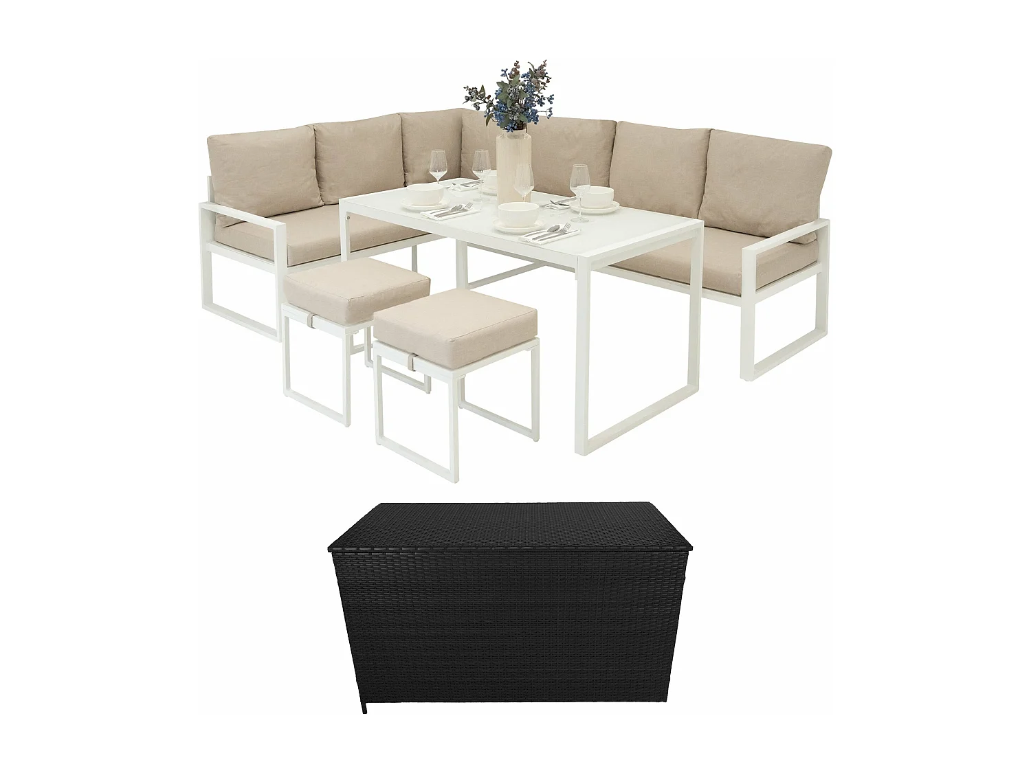 Salon de Jardin en Aluminium Blanc & Coffre de Rangement 582 L en Rotin Noir 7 Places Canapé Table à Manger [Housse de Pluie INCLUS]