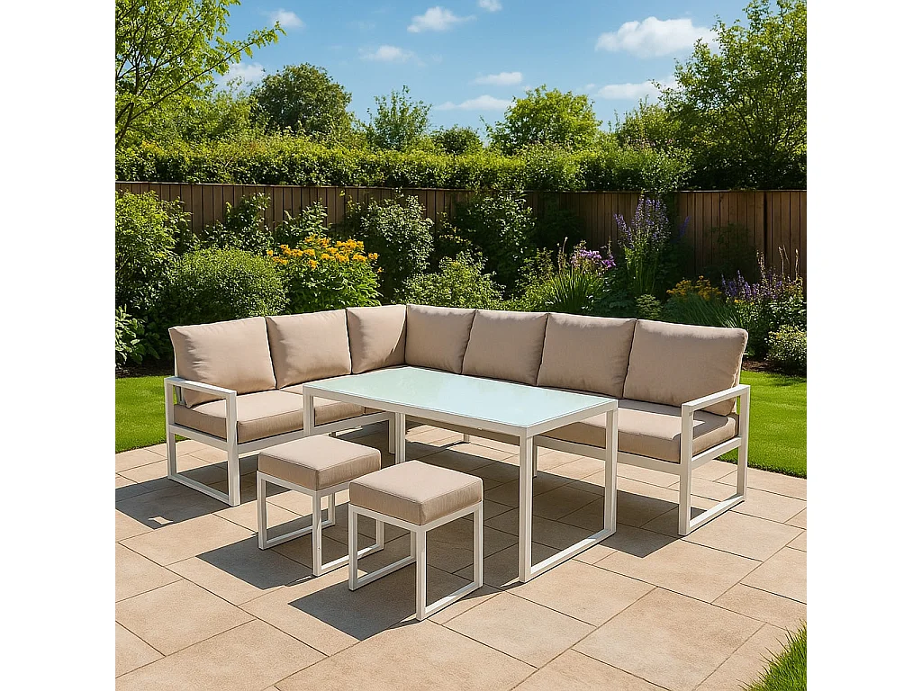 Salon de Jardin en Aluminium Blanc & Coffre de Rangement 582 L en Rotin Noir 7 Places Canapé Table à Manger [Housse de Pluie INCLUS]