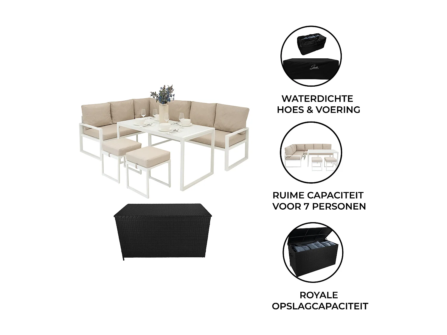 Salon de Jardin en Aluminium Blanc & Coffre de Rangement 582 L en Rotin Noir 7 Places Canapé Table à Manger [Housse de Pluie INCLUS]