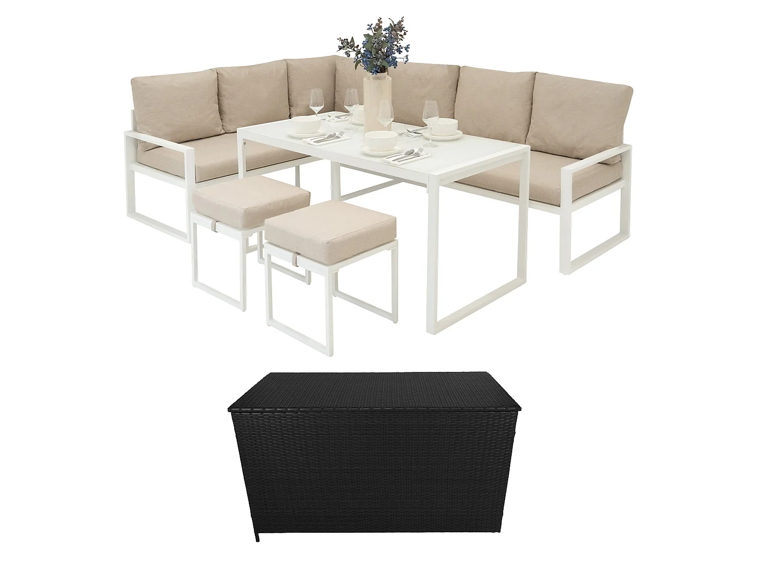 Set Sofa Esquinero de aluminio Blanco 7 plazas + Caja de Almacenamiento en Ratán negro 582L