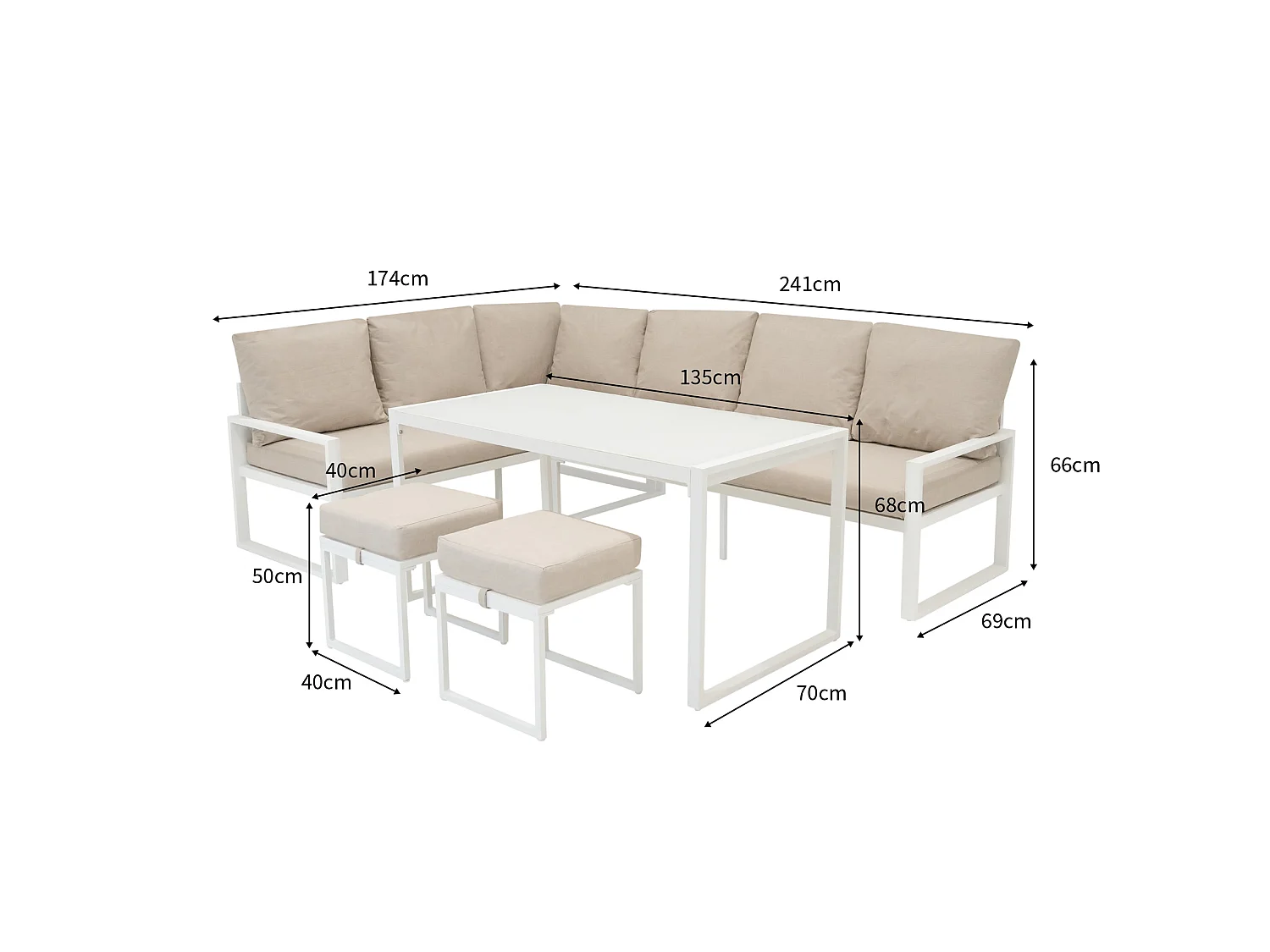 Set Sofa Esquinero de aluminio Blanco 7 plazas + Caja de Almacenamiento en Ratán negro 582L