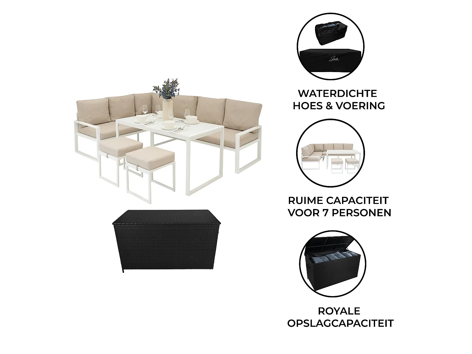 Set Sofa Esquinero de aluminio Blanco 7 plazas + Caja de Almacenamiento en Ratán negro 582L