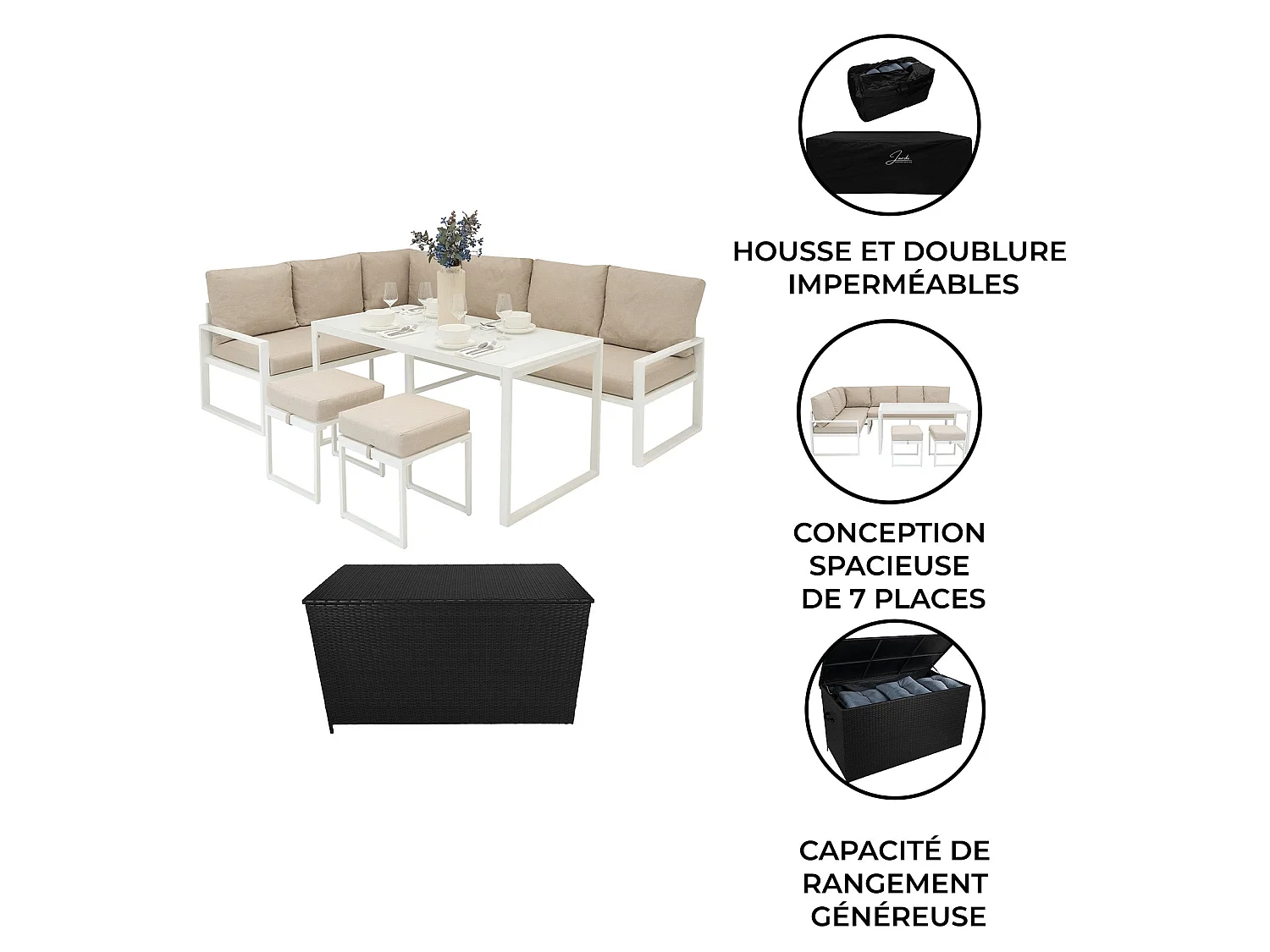 Salon de Jardin en Aluminium Blanc & Coffre de Rangement 582 L en Rotin Noir 7 Places Canapé Table à Manger [Housse de Pluie INCLUS]