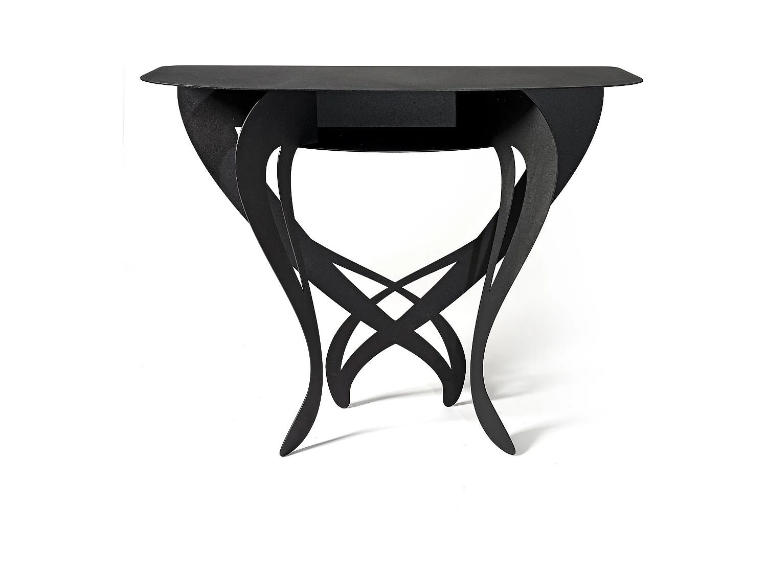 Console Frida 110x35x85 cm en fer noir, design floral perforé, meuble peu encombrant pour salon ou entrée, Made in Italy