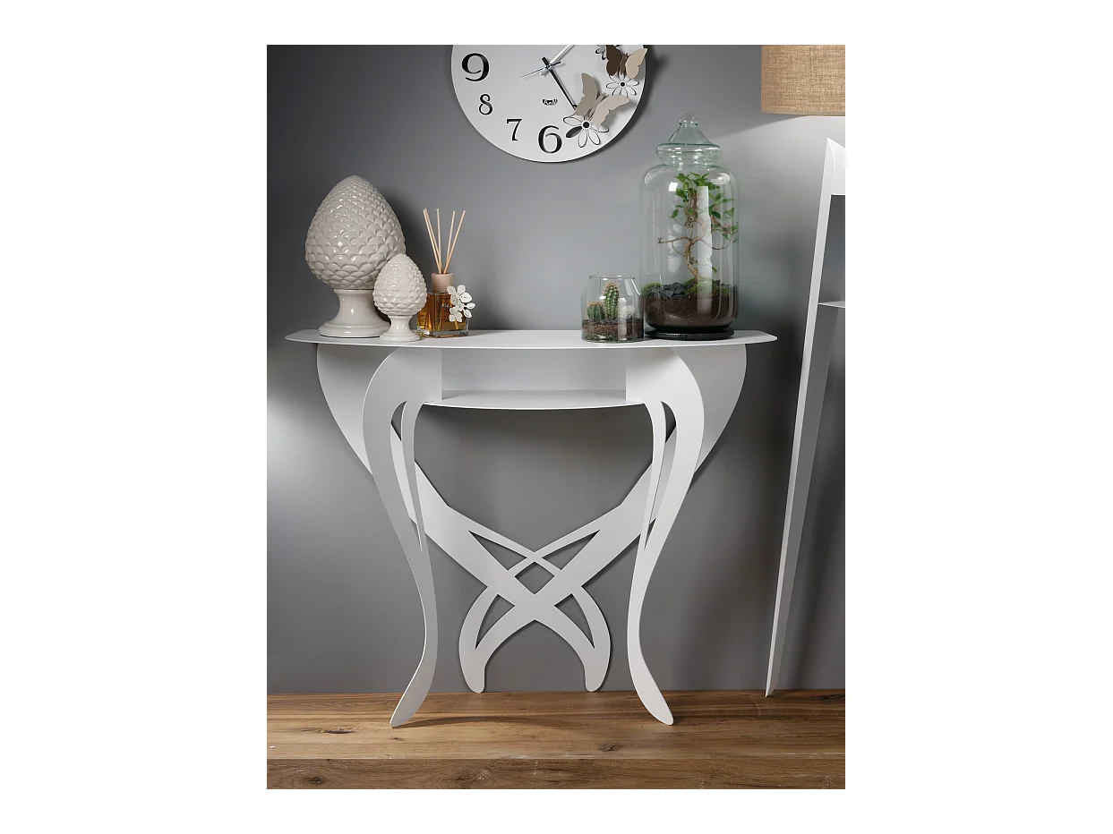 Console Frida 110x35x85 cm en fer noir, design floral perforé, meuble peu encombrant pour salon ou entrée, Made in Italy