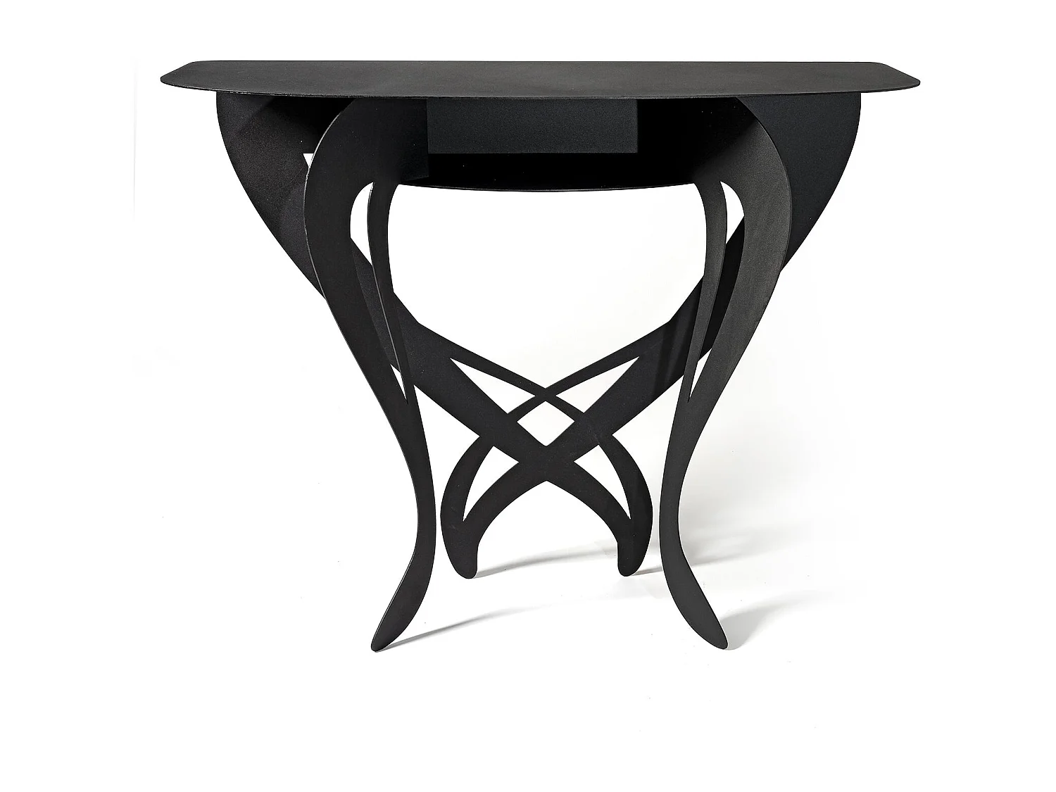 Console Frida 110x35x85 cm en fer noir, design floral perforé, meuble peu encombrant pour salon ou entrée, Made in Italy