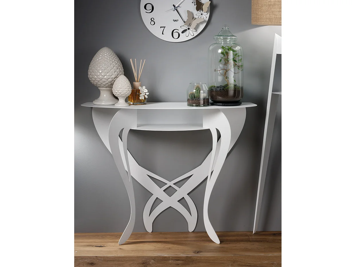 Console Frida 110x35x85 cm en fer noir, design floral perforé, meuble peu encombrant pour salon ou entrée, Made in Italy