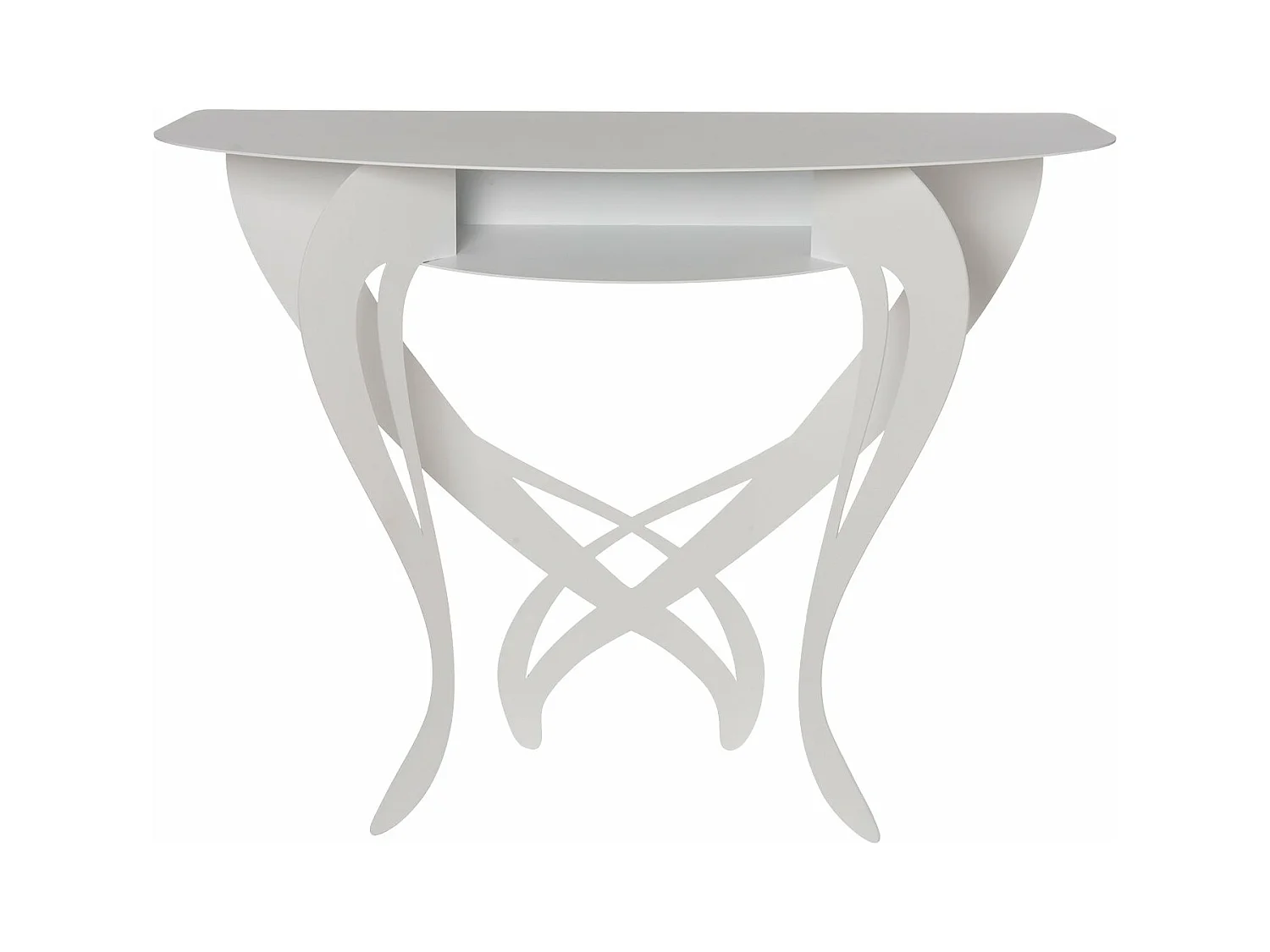Console Frida 110x35x85 cm en fer blanc, design floral perforé, meuble peu encombrant pour salon ou entrée, Made in Italy