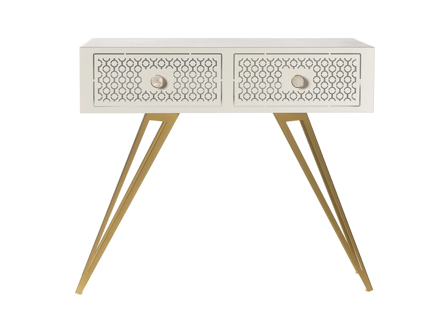 Console Mayfair 100x35x80 cm en fer, style glamour Regency, pieds dorés, tiroirs caramel, sans compartiments, Made in Italy