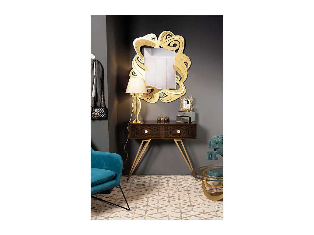 Console Mayfair 100x35x80 cm en fer, style glamour Regency, pieds dorés, tiroirs caramel, sans compartiments, Made in Italy