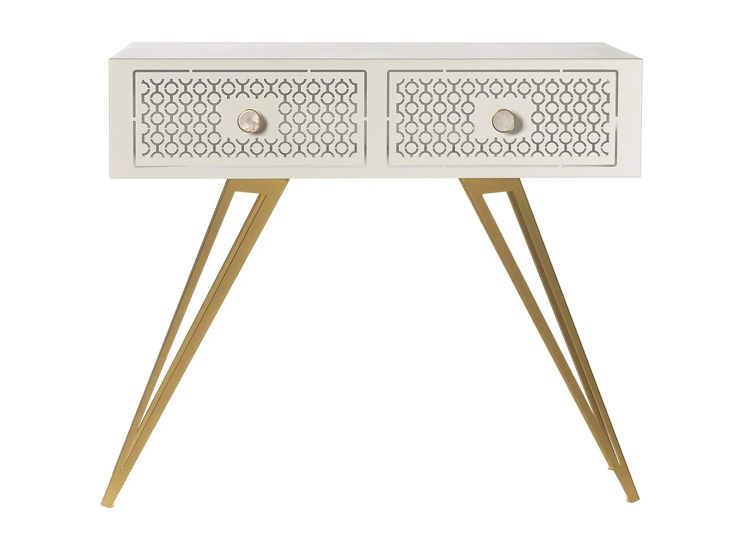 Console Mayfair 100x35x80 cm en fer, style glamour Regency, pieds dorés, tiroirs caramel, sans compartiments, Made in Italy