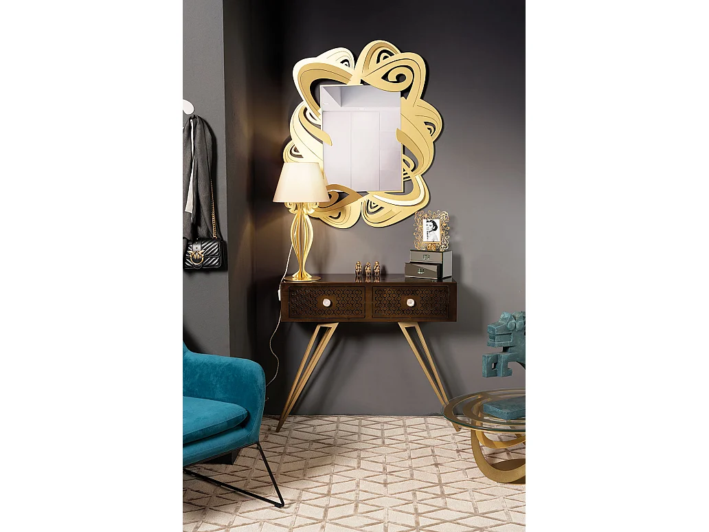 Console Mayfair 100x35x80 cm en fer, style glamour Regency, pieds dorés, tiroirs caramel, sans compartiments, Made in Italy