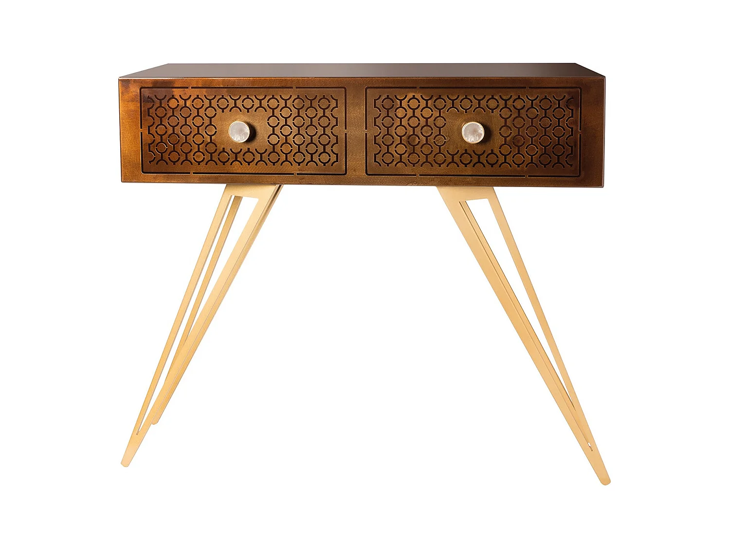 Console Mayfair 100x35x80 cm en fer, style glamour Regency, pieds dorés, tiroirs marbre blanc, sans compartiments, Made in Italy