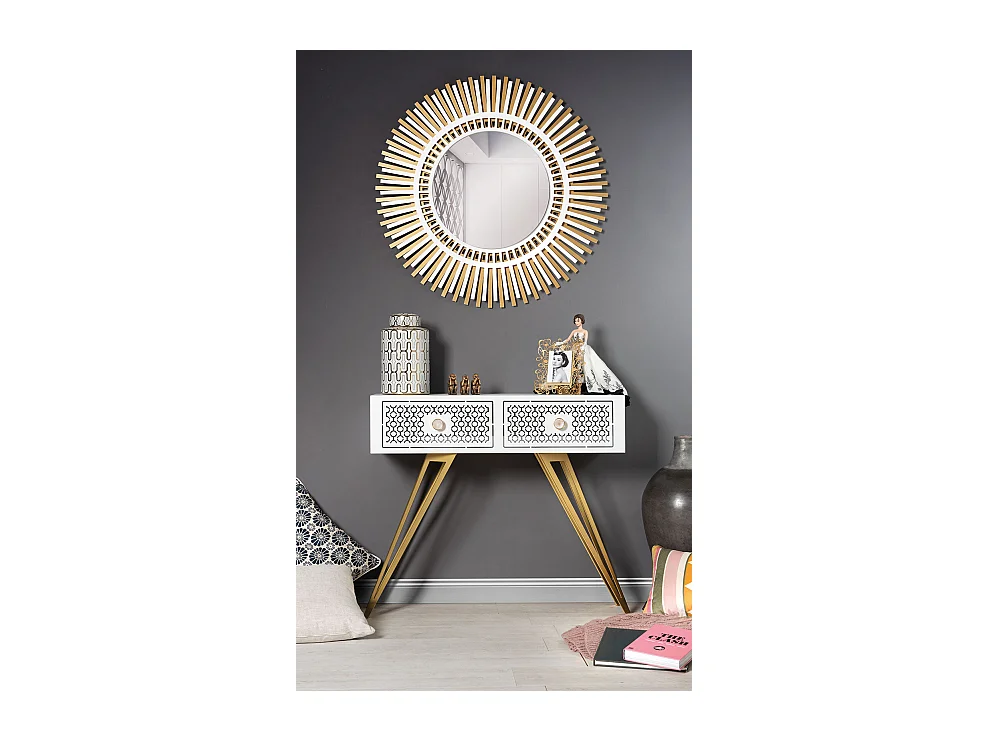 Console Mayfair 100x35x80 cm en fer, style glamour Regency, pieds dorés, tiroirs marbre blanc, sans compartiments, Made in Italy