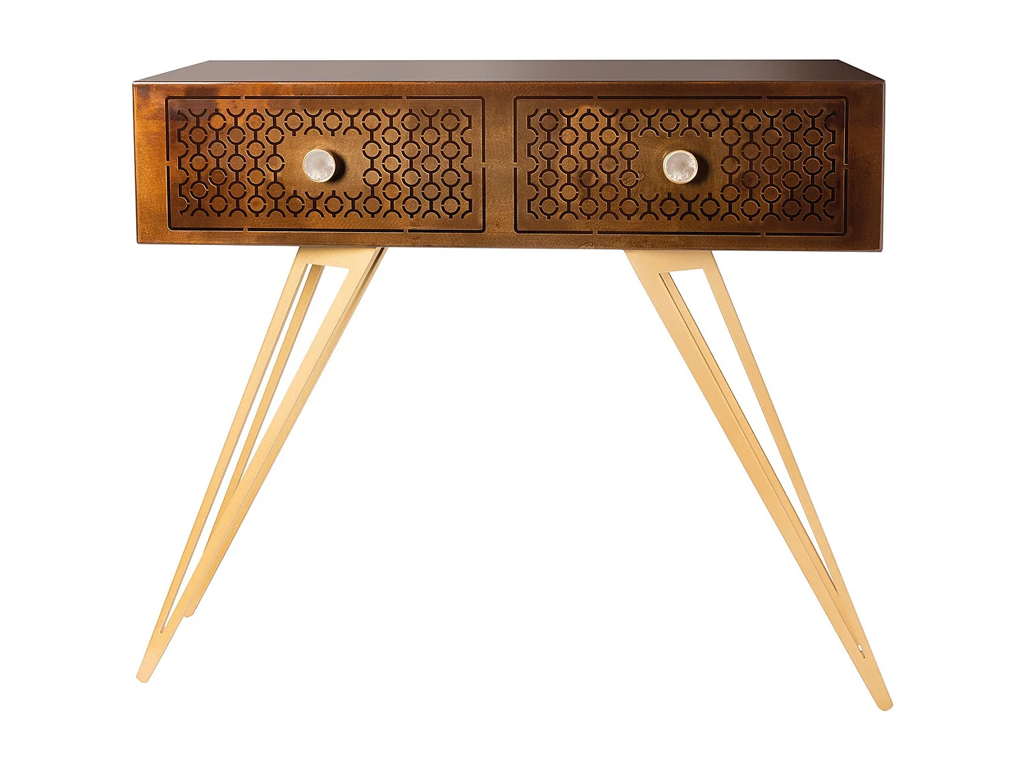 Console Mayfair 100x35x80 cm en fer, style glamour Regency, pieds dorés, tiroirs marbre blanc, sans compartiments, Made in Italy