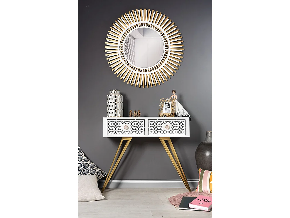 Console Mayfair 100x35x80 cm en fer, style glamour Regency, pieds dorés, tiroirs marbre blanc, sans compartiments, Made in Italy