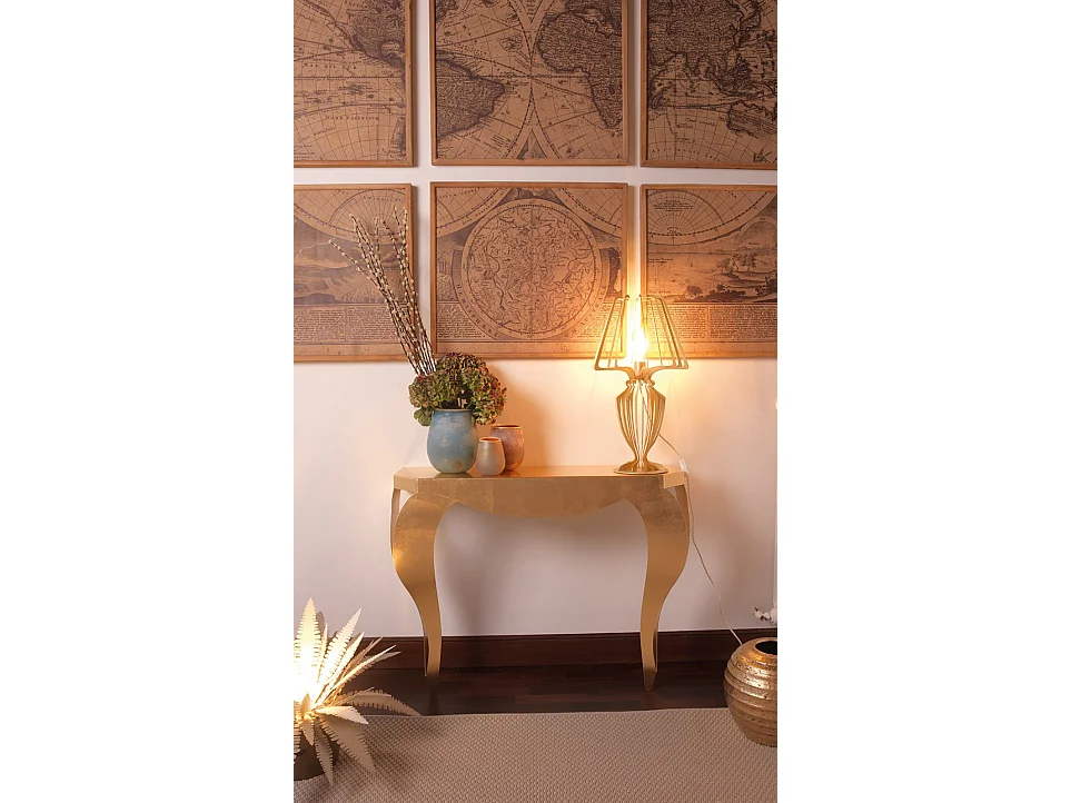 Console Chippendale 100x30x80 cm en fer doré, design classique perforé pour entrée moderne, Made in Italy