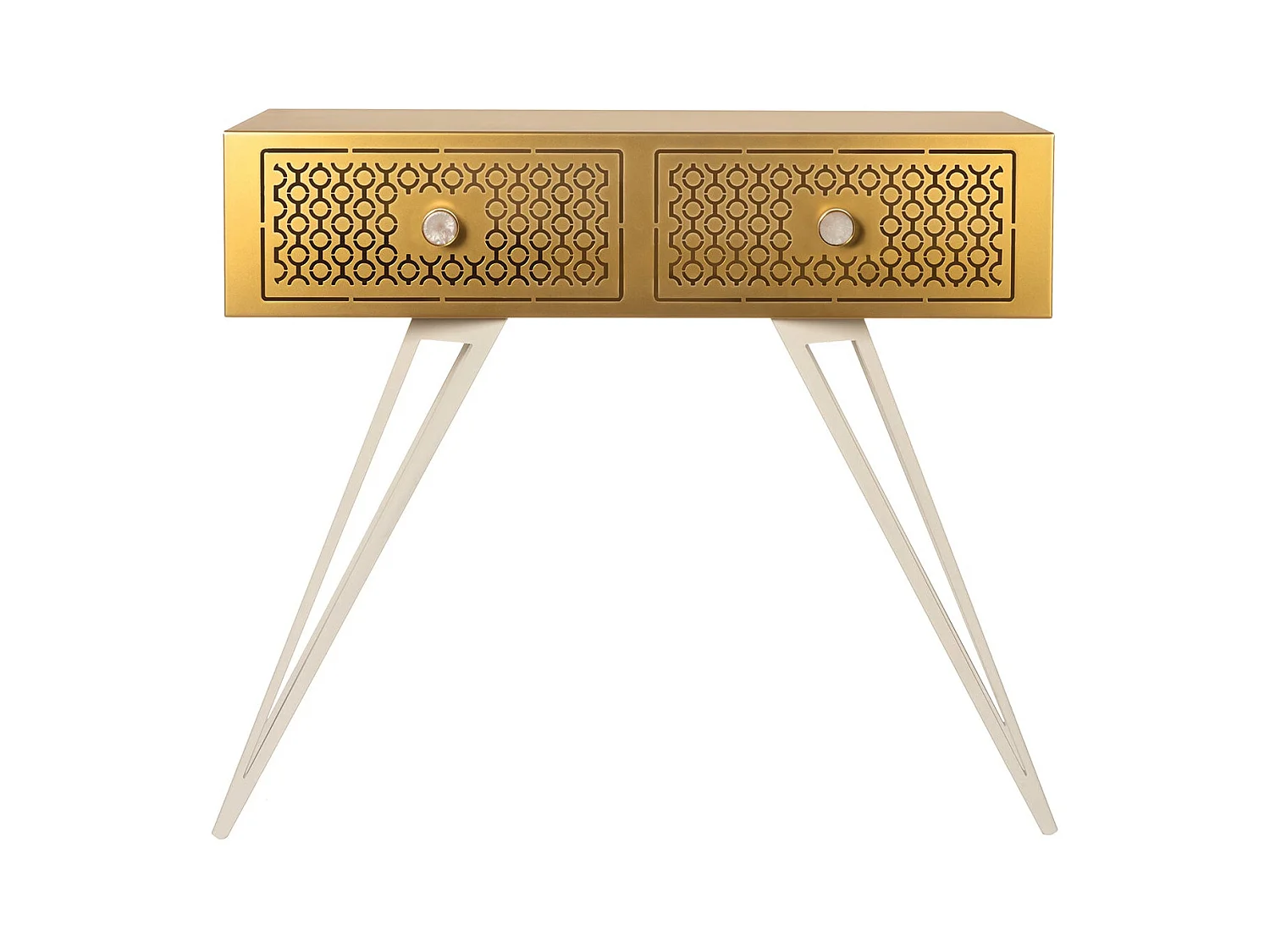 Console Mayfair 100x35x80 cm en fer, style glamour Regency, pieds blancs, tiroirs dorés, sans compartiments, Made in Italy