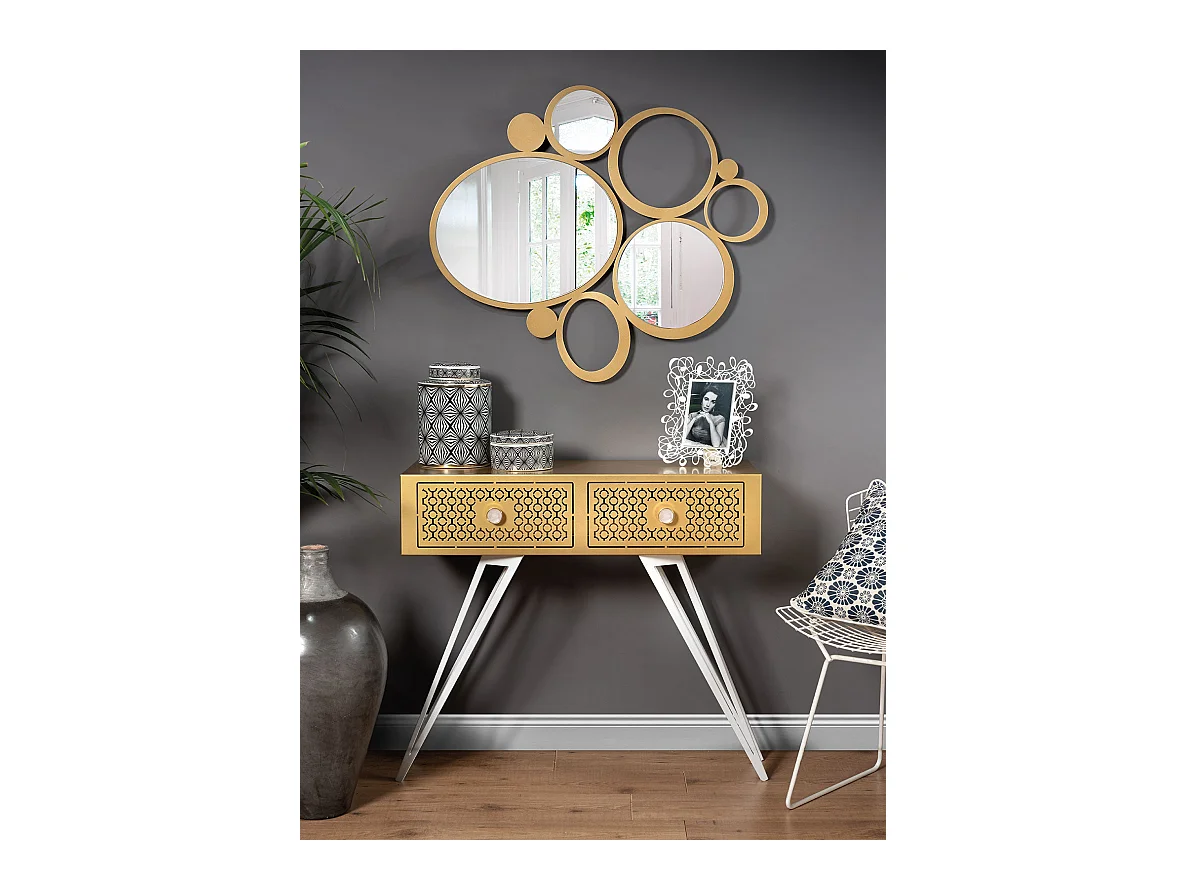 Console Mayfair 100x35x80 cm en fer, style glamour Regency, pieds blancs, tiroirs dorés, sans compartiments, Made in Italy