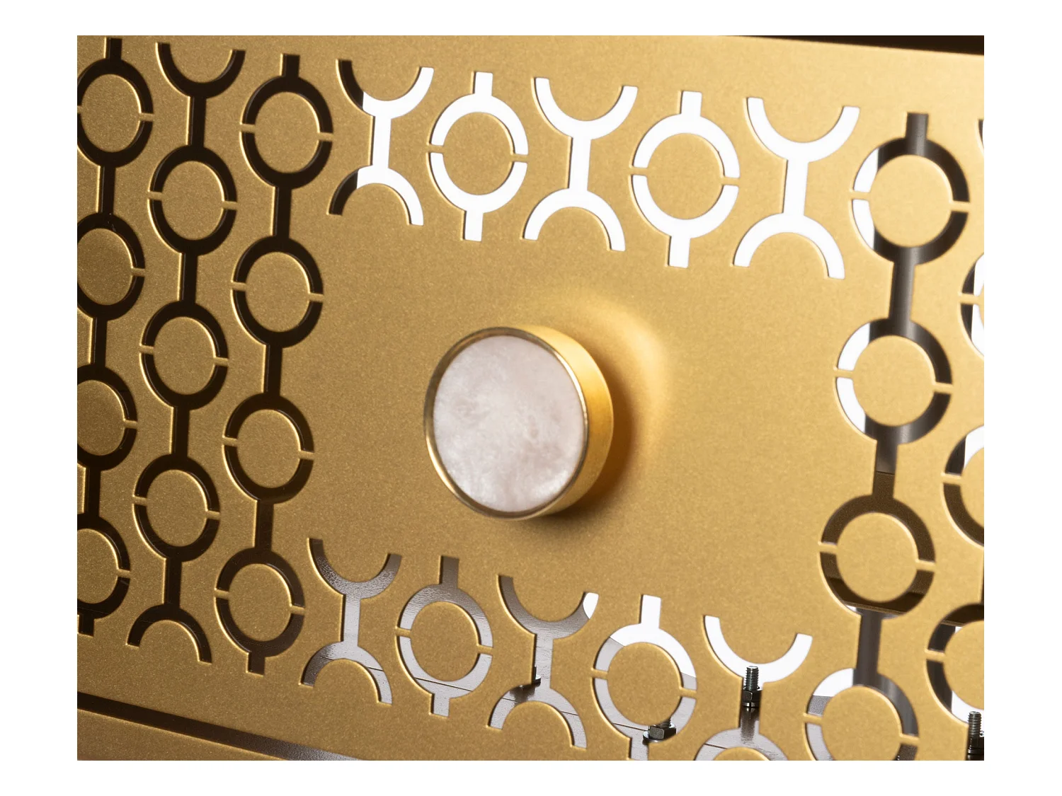 Console Mayfair 100x35x80 cm en fer, style glamour Regency, pieds blancs, tiroirs dorés, sans compartiments, Made in Italy