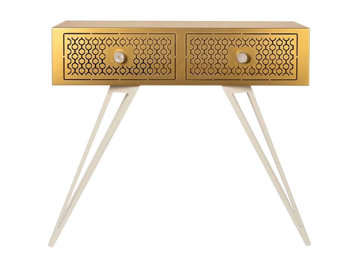 Console Mayfair 100x35x80 cm en fer, style glamour Regency, pieds blancs, tiroirs dorés, sans compartiments, Made in Italy