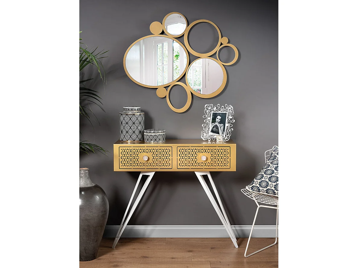 Console Mayfair 100x35x80 cm en fer, style glamour Regency, pieds blancs, tiroirs dorés, sans compartiments, Made in Italy