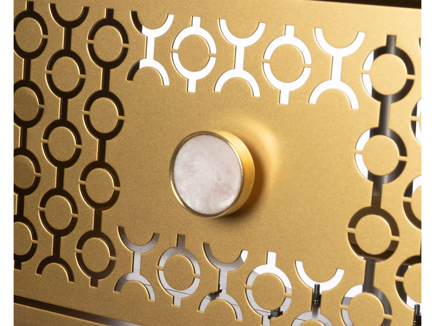 Console Mayfair 100x35x80 cm en fer, style glamour Regency, pieds blancs, tiroirs dorés, sans compartiments, Made in Italy