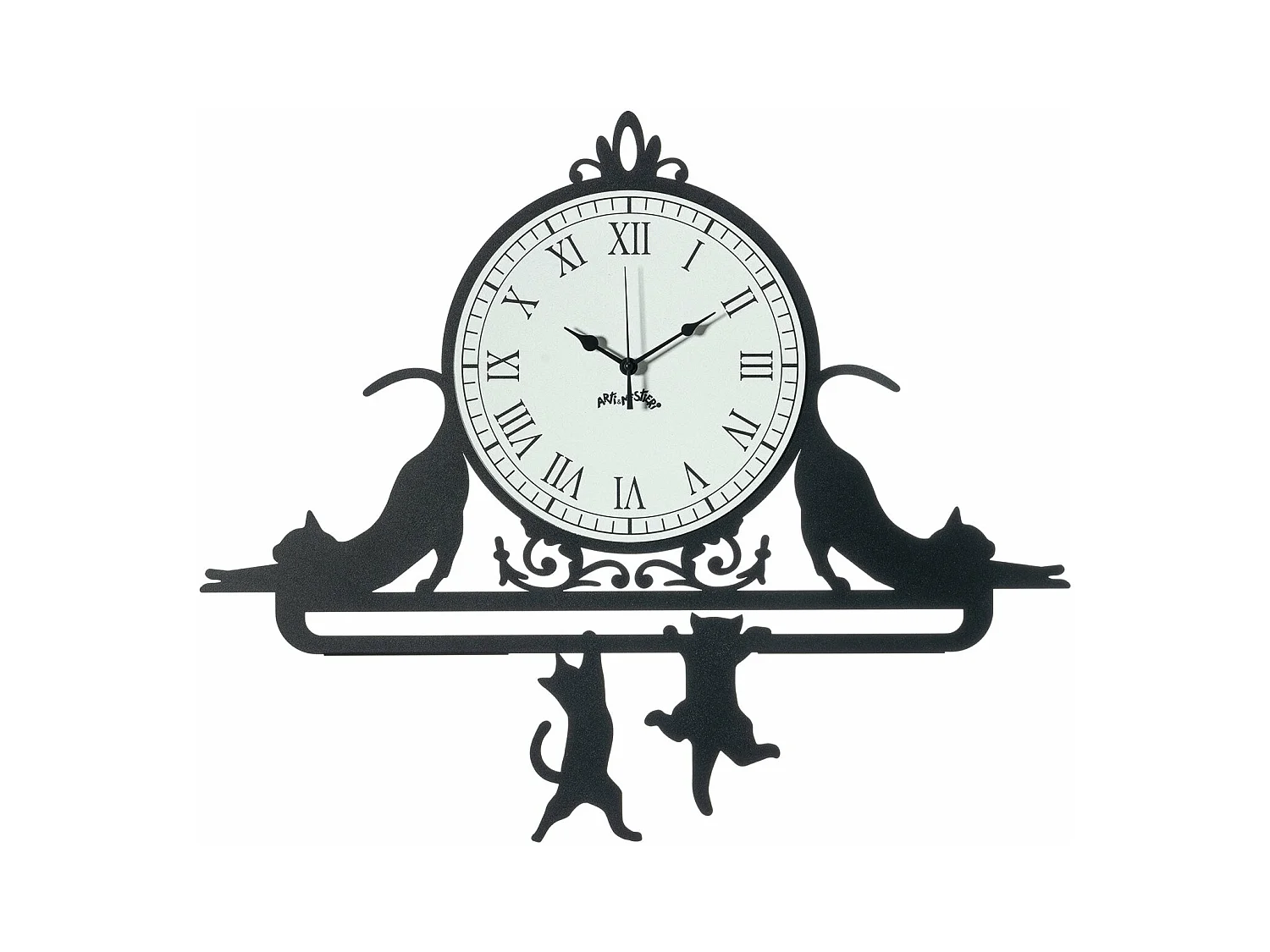 Horloge murale en fer Cattitude 62x52 cm avec chats, cadran blanc, chiffres romains, design élégant original, Made in Italy