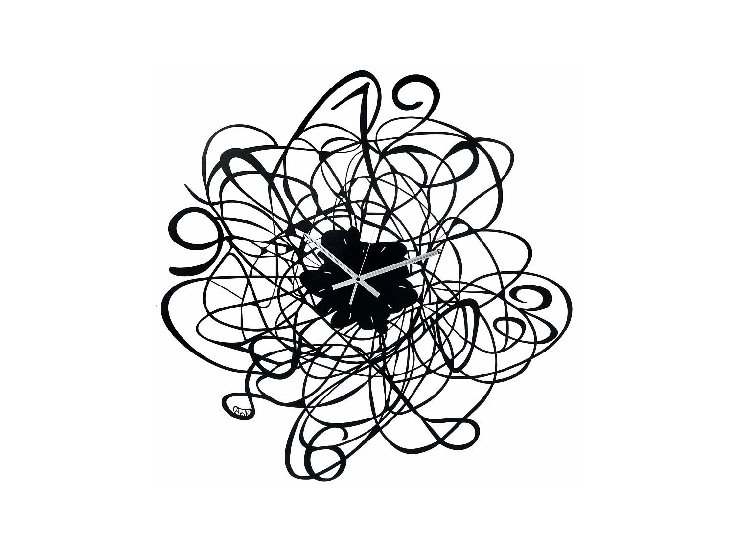 Horloge murale Big Doodle Ø90 cm en fer noir, chiffres tissés, design décoratif moderne, aiguilles blanches, Made in Italy