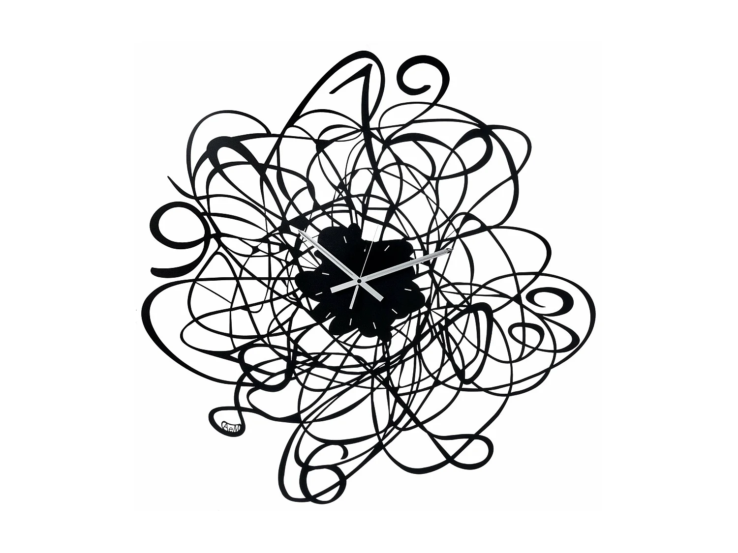 Große Doodle-Wanduhr Ø90 cm aus schwarzem Eisen mit Zahlen und gewebtem Rahmen. Modernes dekoratives Design. Weiße Zeiger. Hergestellt in Italien