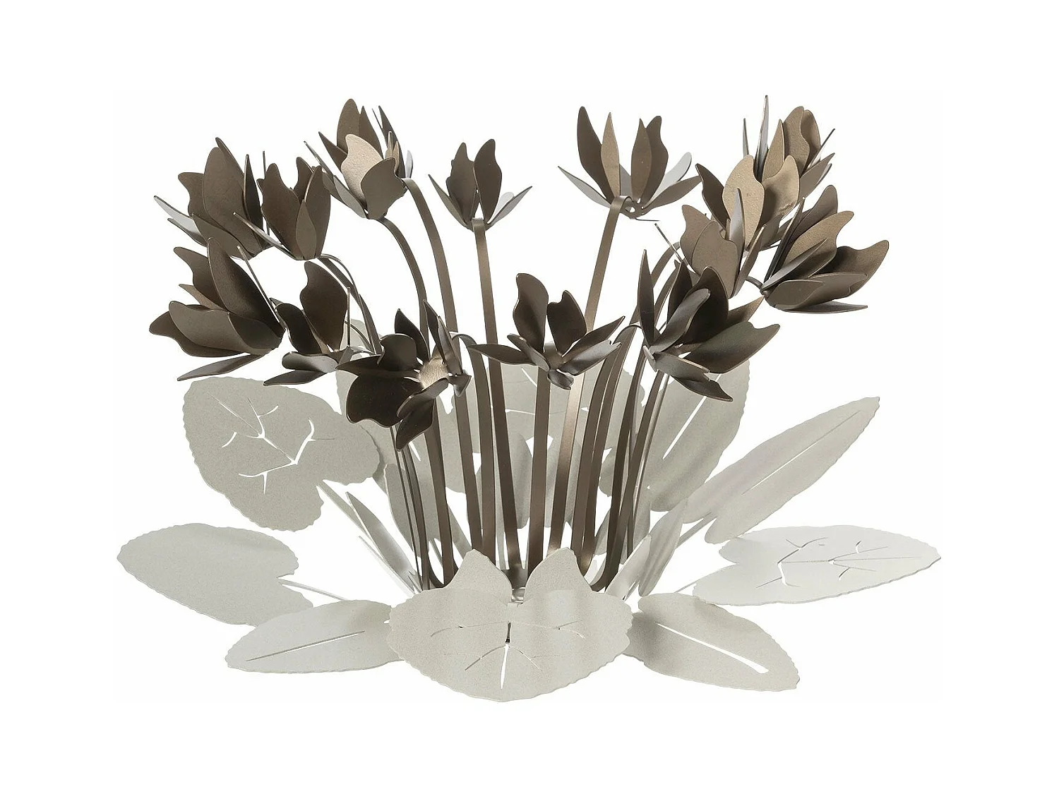 Peça central decorativa Ciclamino Ø38 cm em ferro cor marfim e bronze Design floral moderno para mesa ou sala Fabricado na Itália