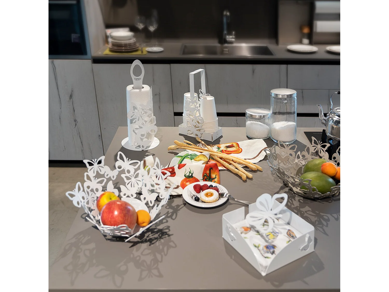 Farfalloso - Mittelstück Ø31 cm, Eisen weißer Marmor - Made in Italy