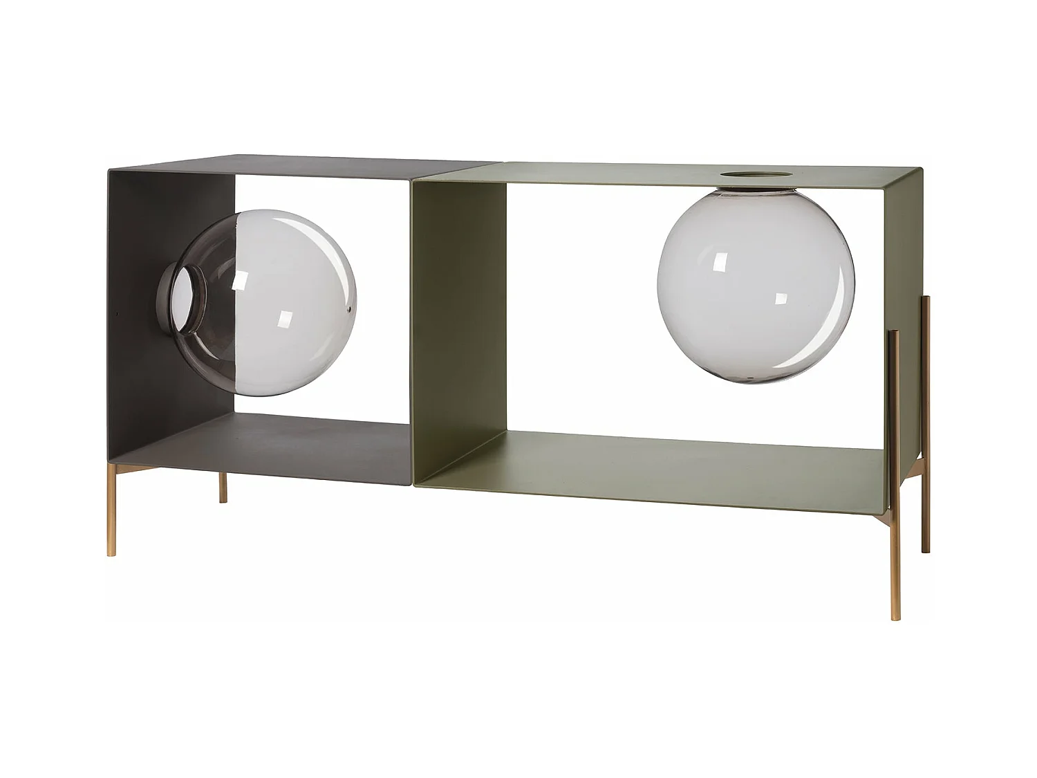 Globe meuble salon 123x40x60 cm en fer, 2 sphères contenantes, base dorée, design minimaliste moderne, Made in Italy
