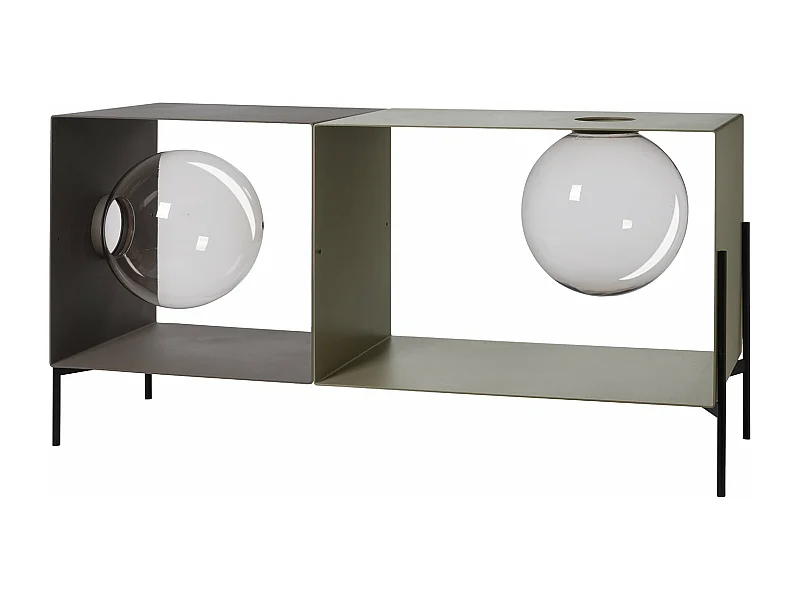 Globe meuble salon 123x40x60 cm en fer, 2 sphères contenantes, base noire, design minimaliste moderne, Made in Italy