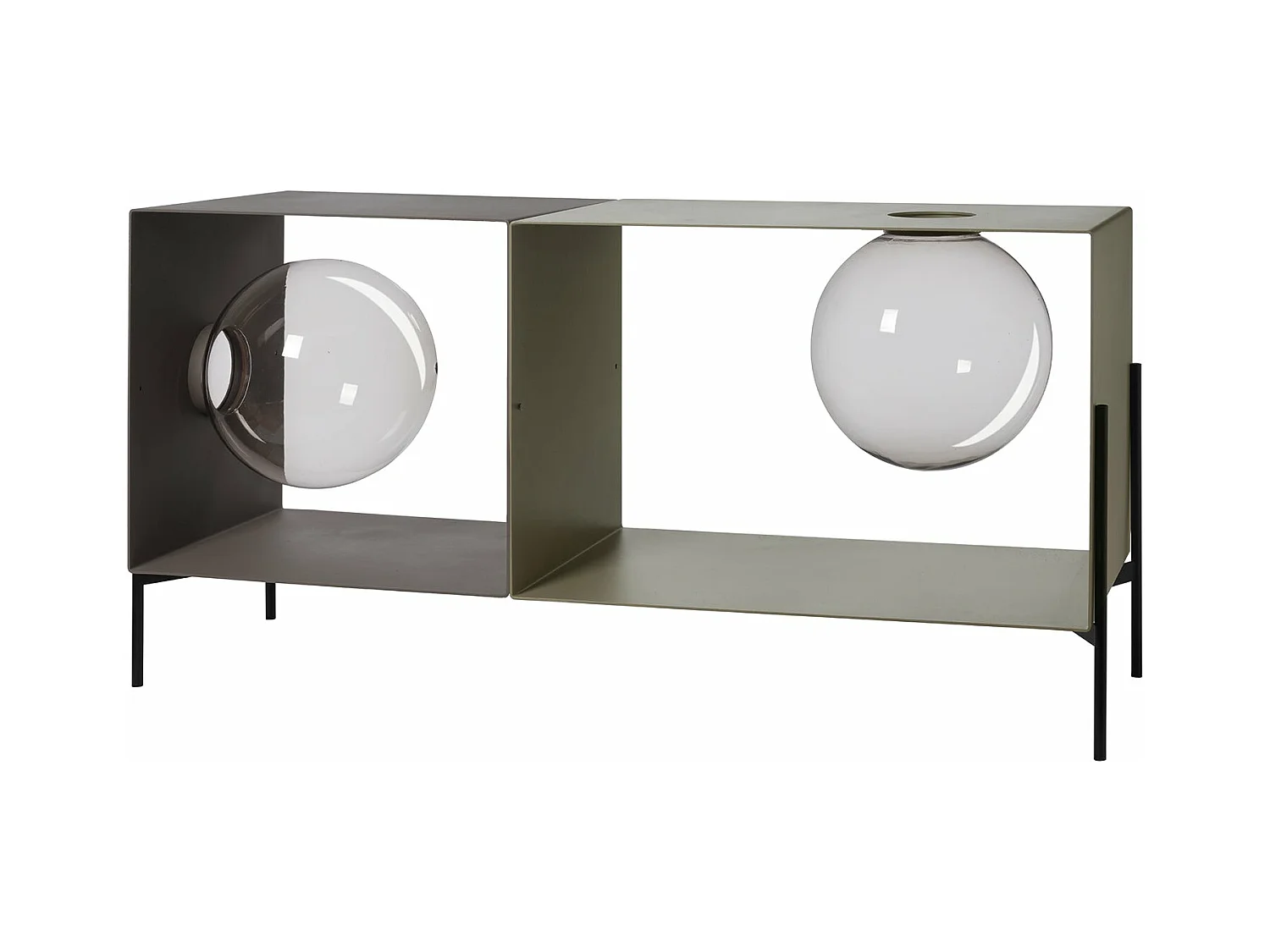 Globe meuble salon 123x40x60 cm en fer, 2 sphères contenantes, base noire, design minimaliste moderne, Made in Italy