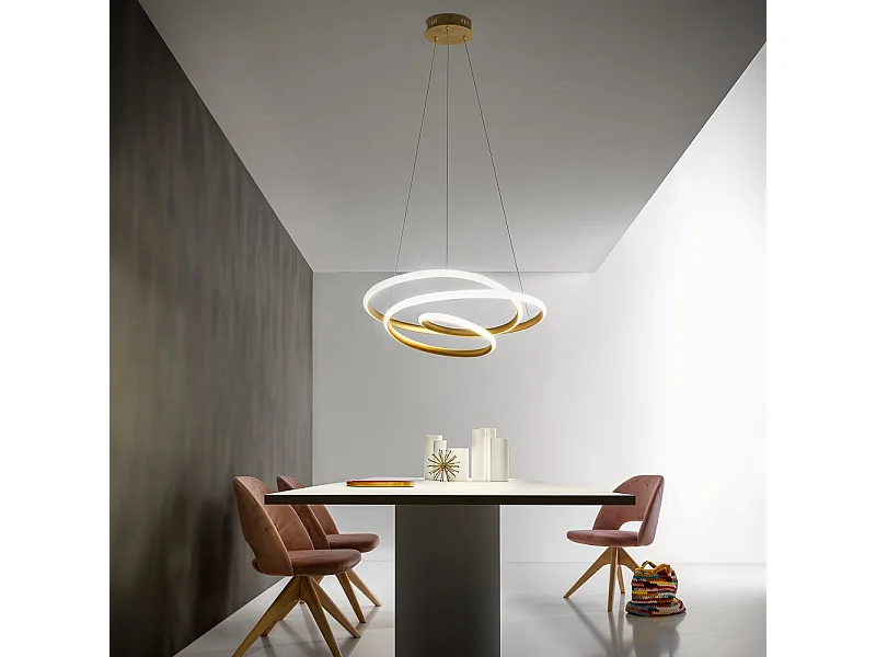 Diva - Luminária pendente LED regulável 47W - Design moderno em alumínio dourado escovado, luz quente 3000K, anéis entrelaçados d.65cm