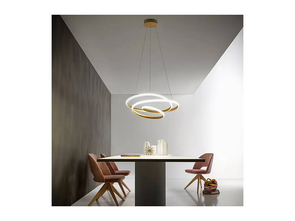Diva - Suspension LED dimmable 47W - en aluminium doré brossé, lumière chaude 3000K, anneaux entrelacés d.65cm