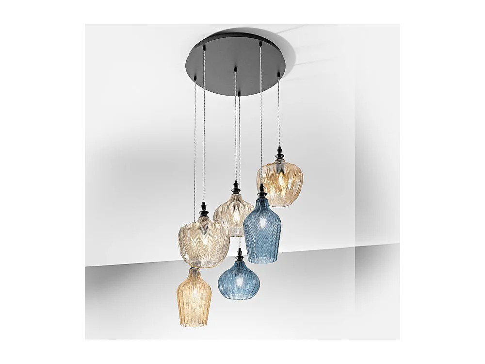 Cleofe - Lustre à suspension 6 lumières en verre ambre, ocre et cobalt - 6XE27 max 6X60W, et élégant