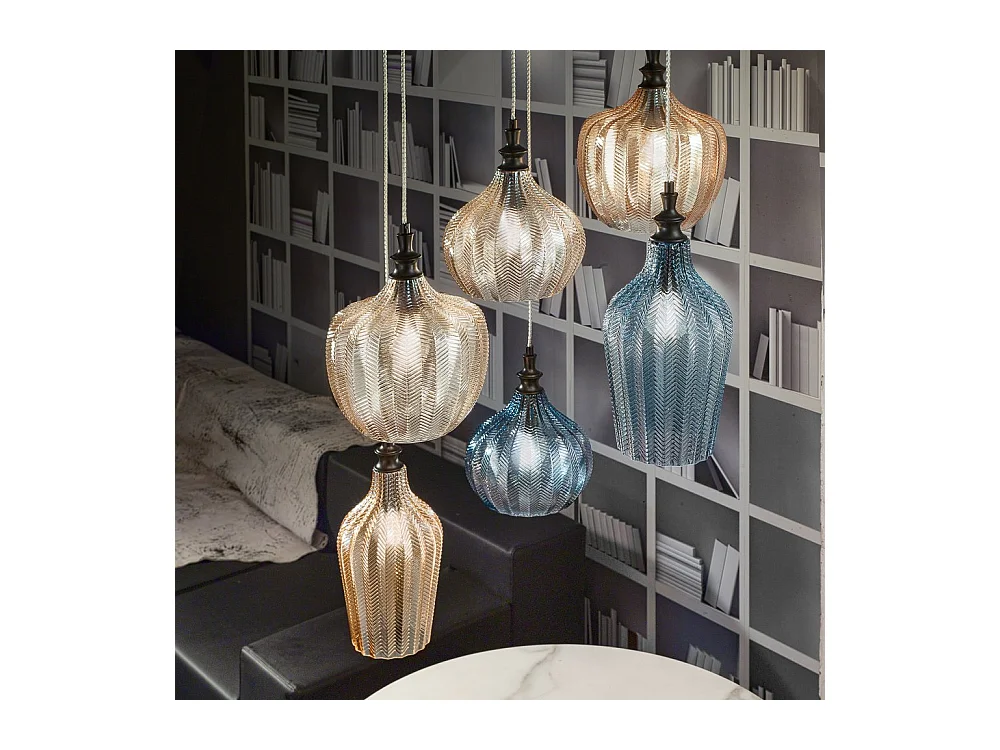 Cleofe - Lustre à suspension 6 lumières en verre ambre, ocre et cobalt - 6XE27 max 6X60W, et élégant