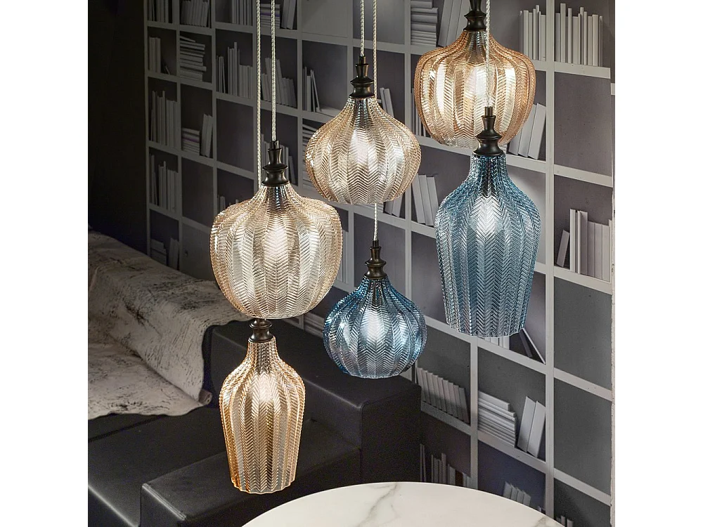 Cleofe - Lustre suspenso de 6 luzes com vidro âmbar, ocre e cobalto - 6XE27 max 6X60W, design elegante e moderno, IP20