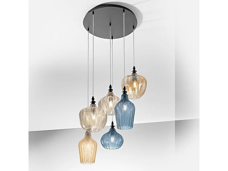 Cleofe - Lustre à suspension 6 lumières en verre ambre, ocre et cobalt - 6XE27 max 6X60W, et élégant